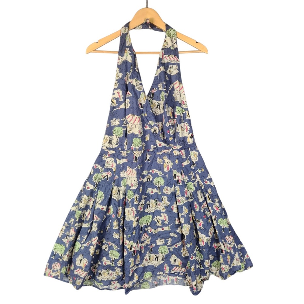 Boden Novelty Paris Print Dress Size 12 Blue Halter Pleated